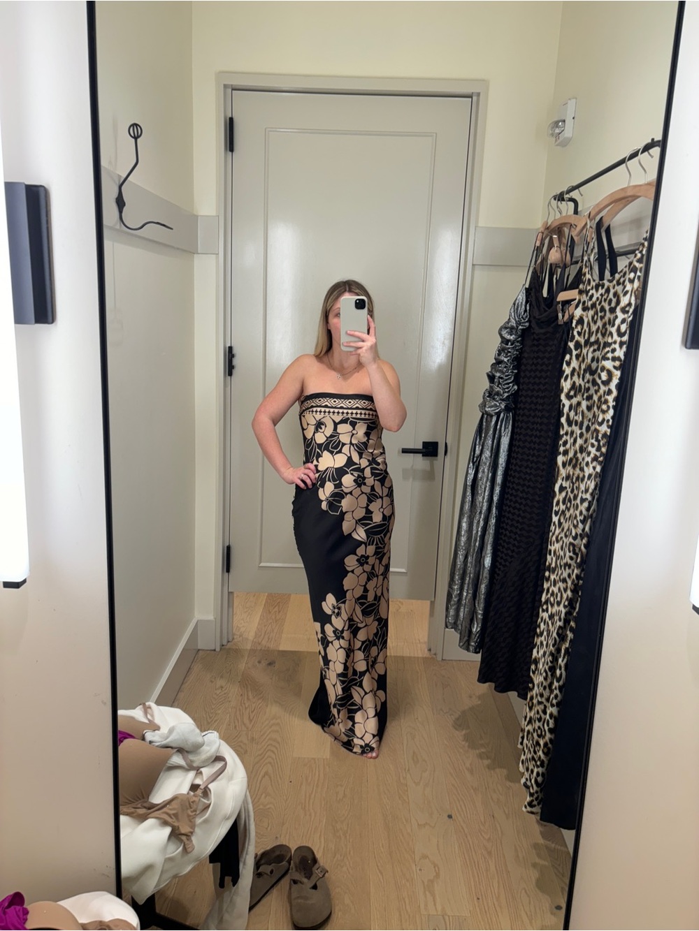 Anthropologie Black and Gold Strapless Floral Gown